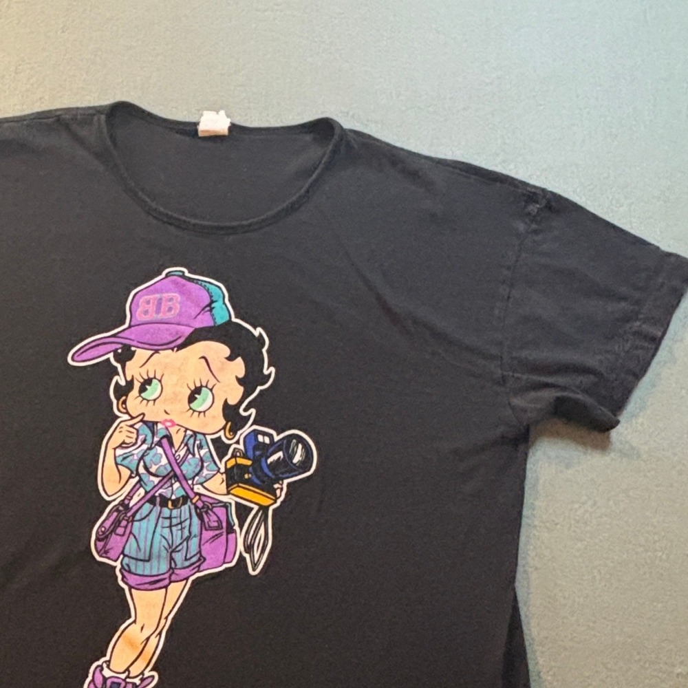 VTG Betty Boop Photographer Graphic T Shirt Womens XL Black 90s Streetwear